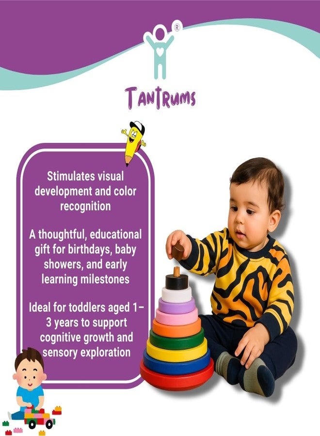 Tantrums Wooden Graded Tower Puzzle for Kids | Colorful Stacking Rings Montessori Toy for Toddlers | Early Learning Circle Tower for Hand-Eye Coordination & Motor Skills (Multicolour) - Image 5